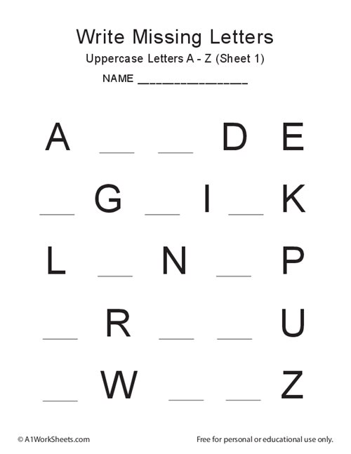 printable missing letters a z uppercase worksheet 1