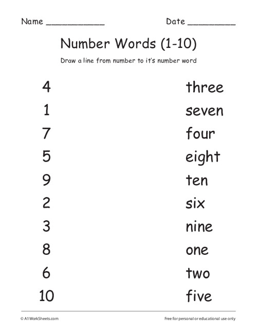 Grade 1 Numbers Words Matching Worksheets 1 10