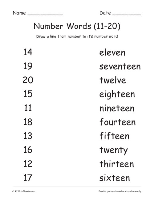 Numbers Words Worksheets (11-20) - Grade 1 Worksheets Printable
