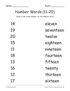 Numbers Words Worksheets (11-20)