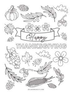 Thankgiving Leaf and Flowers Coloring Pages