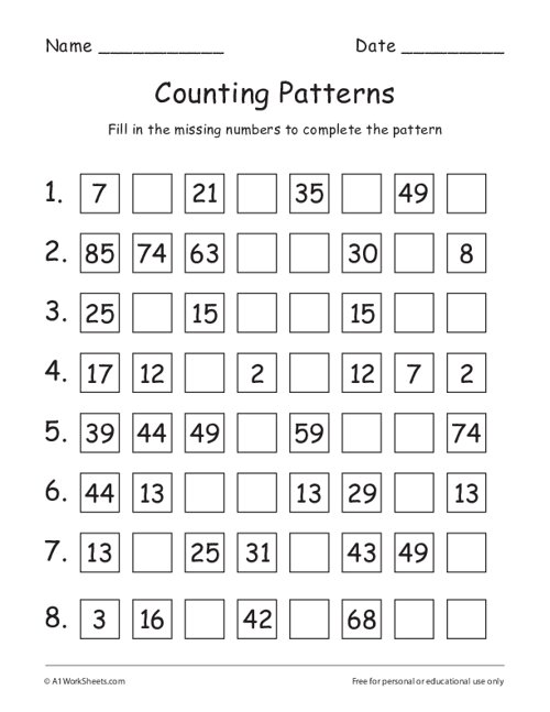 Free Number Pattern Worksheets For Grade 3
