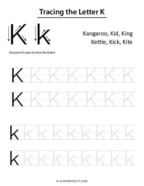 tracing the letter k k uppercase lowercase worksheet printable