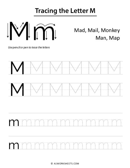 Tracing The Letter M M Uppercase Lowercase Worksheet Printable