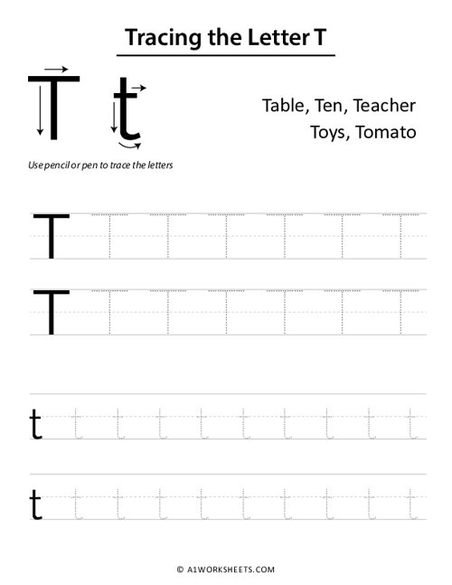 Tracing the Letter T t Uppercase Lowercase Worksheet Printable