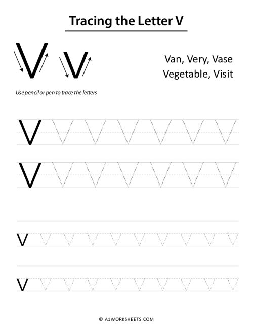 tracing the letter v v uppercase lowercase worksheet printable