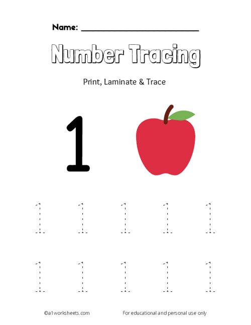 Tracing Numbers 1 Worksheets For Preschool And Kindergarten