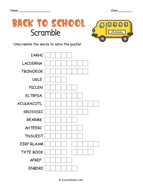 Back To School Word Scramble Printable