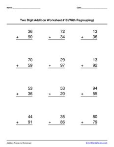 Two 2-digit Addition (with Regrouping) Worksheet #10