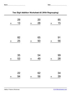 Two 2-digit Addition (with Regrouping) Worksheet #2