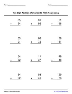 Two 2-Digit Addition (with Regrouping) Worksheet #3