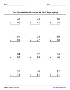 Two 2-Digit Addition (with Regrouping) Worksheet #4