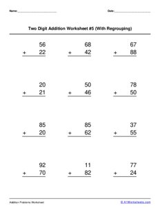 Two 2-Digit Addition (with Regrouping) Worksheet #5
