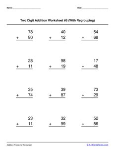 Adding Two 2-digit Numbers (with Regrouping) Worksheet #6