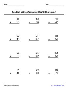 Two 2-digit Addition (with Regrouping) Worksheet #7