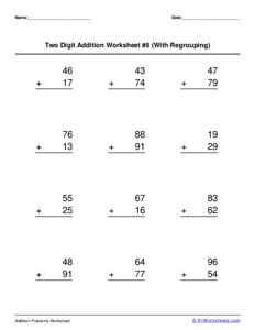 Two 2-digit Addition (with Regrouping) Worksheet #8