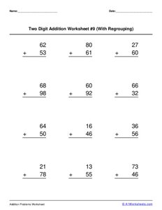 Two 2-digit Addition (with Regrouping) Worksheet #9