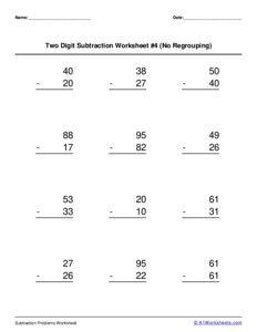 Two 2-digit Subtraction (No Regrouping) Worksheet #4