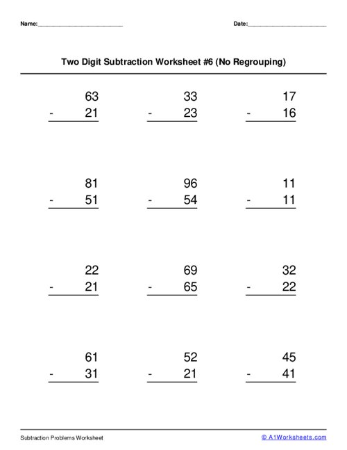 Two 2-digit Subtraction (No Regrouping) Worksheet #6