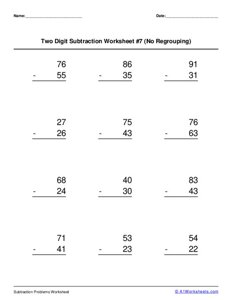 Two 2-digit Subtraction (No Regrouping) Worksheet #7