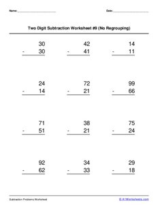 Two 2-digit Subtraction (No Regrouping) Worksheet #9