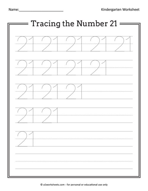 Tracing The Number 21 Worksheets