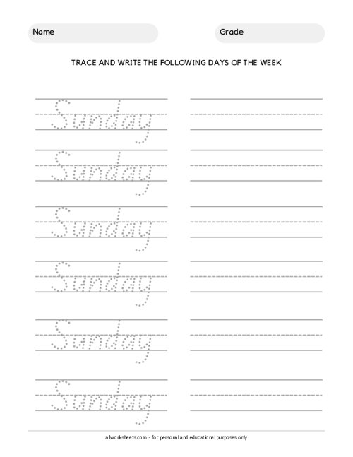 Trace the Days of the Week - Sunday