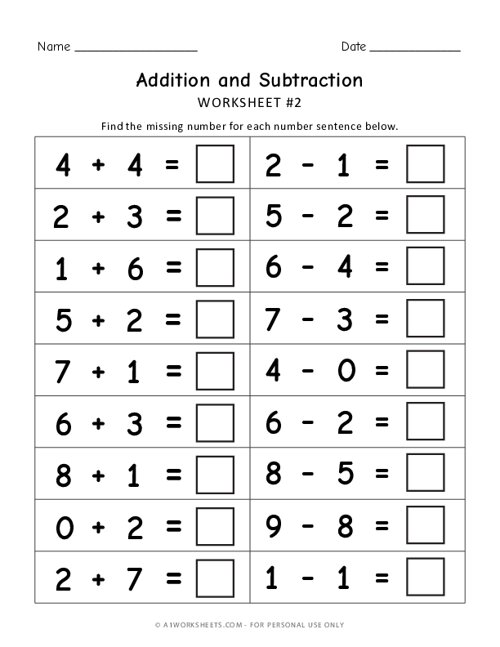 Addition and Subtraction Practice Worksheet #2