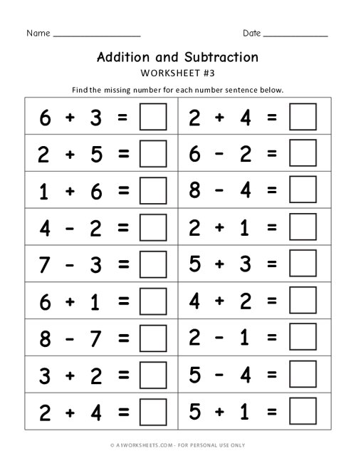 Addition and Subtraction Practice Worksheet #3