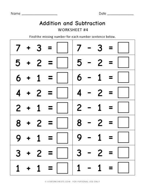 Addition and Subtraction Practice Worksheet #4