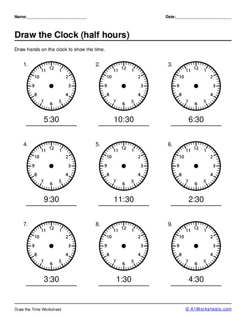 Draw the Hands on the Clock Half Hours Worksheets