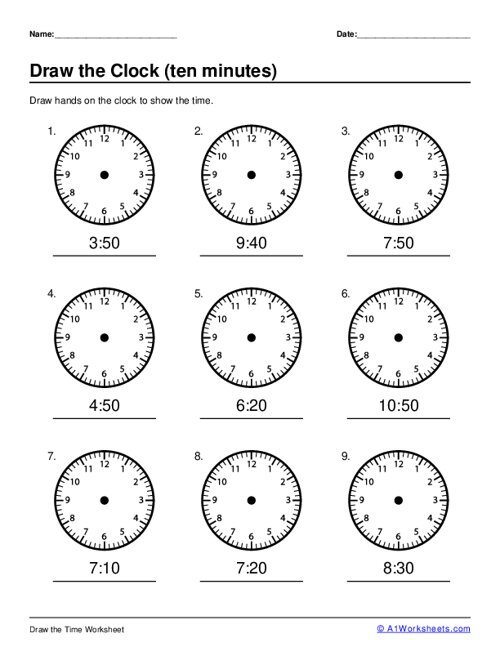 Draw the Hands on the Clock Worksheets Ten Minutes 2