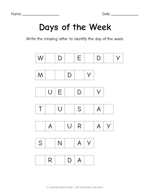 Identify the Day of the Week Worksheets