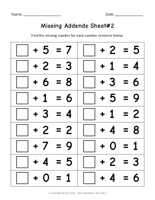 First Grade Missing Addend Worksheet