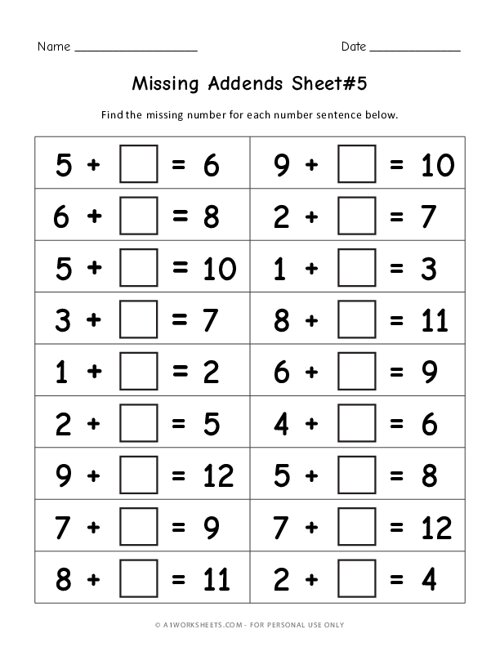 Missing Addends Addition Practice Worksheets