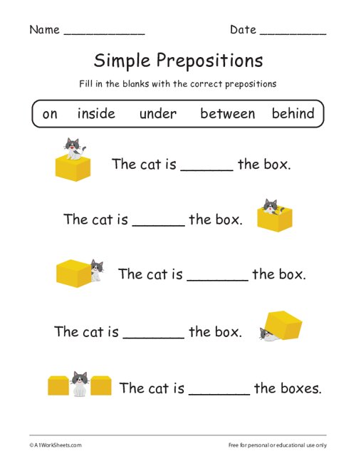 grade 1 free simple prepositions worksheets