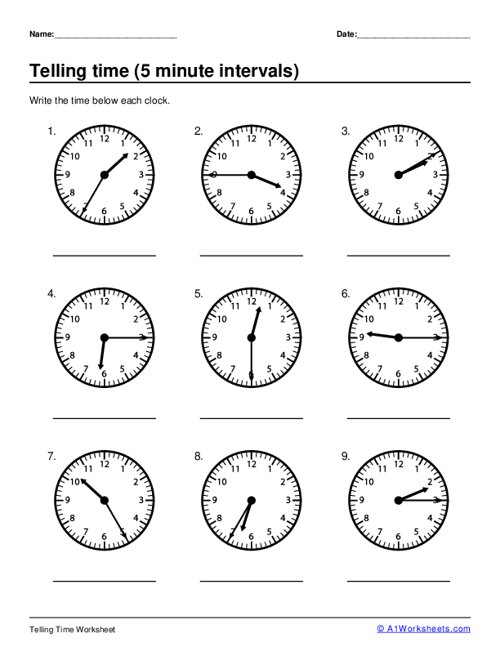 Printable 5 Minute Intervals Tell the Time Worksheets