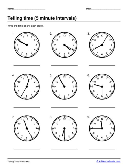 Time On Number Line 5 Minute Intervals Worksheet Free