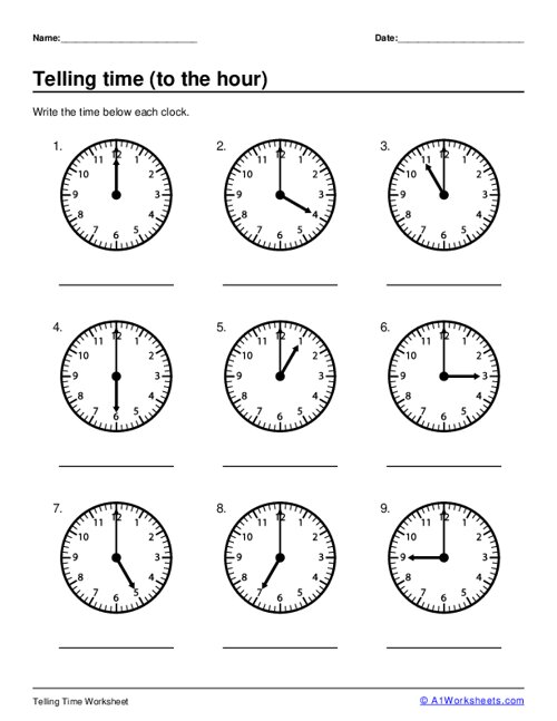 printable telling time worksheet o clock hours