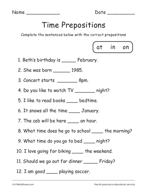 Time Prepositions Worksheets
