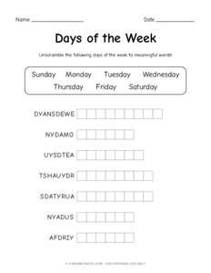 Days of the Week Scramble Worksheet