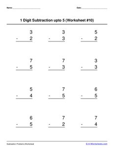 1 digit subtraction up to 5 Worksheet #10