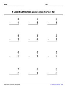 1 digit subtraction up to 5 Worksheet #2