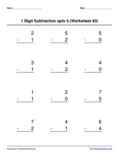 1 digit subtraction up to 5 Worksheet #3