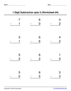 1 digit subtraction up to 5 Worksheet #4