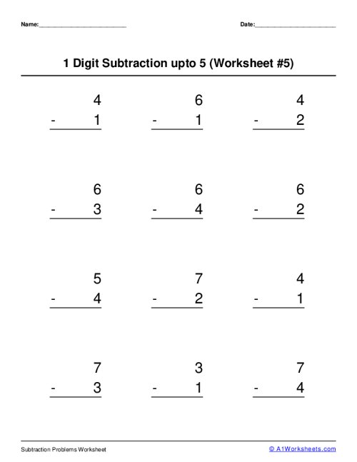 1 digit subtraction up to 5 Worksheet #5