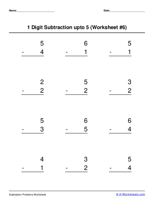 1 digit subtraction up to 5 Worksheet #6