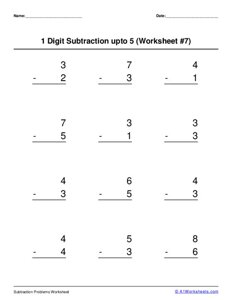 1 digit subtraction up to 5 Worksheet #7