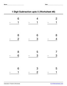 1 digit subtraction up to 5 Worksheet #8