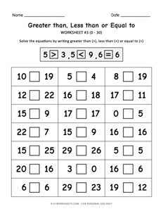 Greater Than, Less Than, Equal To Worksheet #3